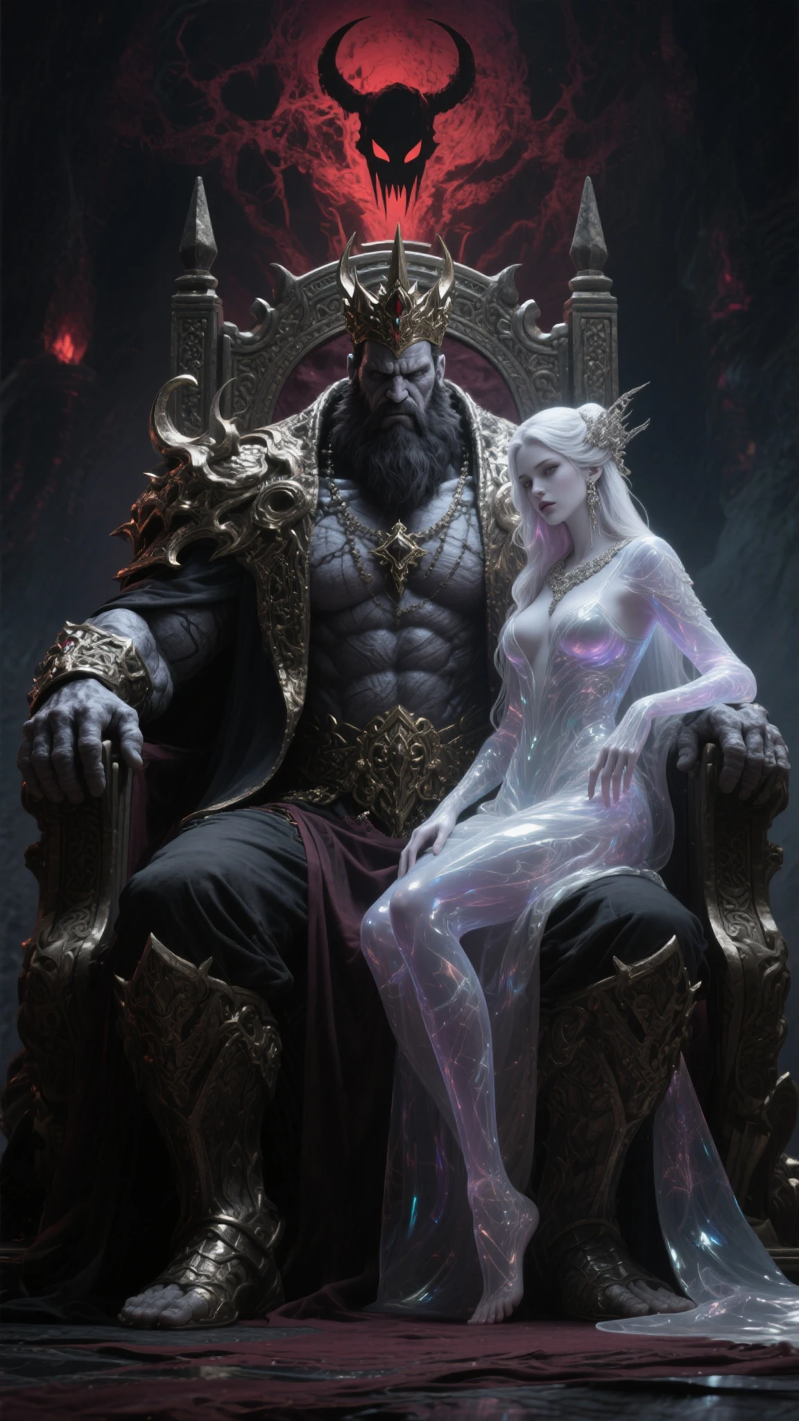 Handsome young man between 18 and ,long silver hair tied in a bun with amethyst eyes wearing a beautiful outfit made of white bear fur, tigers, a crown of horns above the head slightly resembling the sun, surrounded by beautiful concubines. Sitting on a throne made of dragon bones with a spear over his shoulder that has a curved scythe below the tip resembling a moon