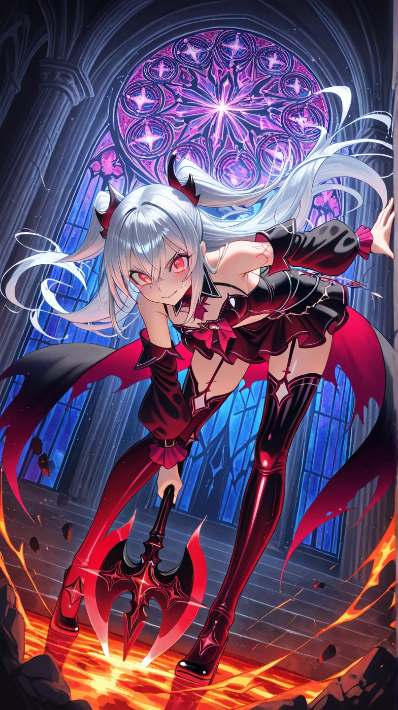 afterglow Eyes Smile Fighting the Demon Lord Goth Girl (Young Girls:1.5)Small Breasts(Small stature:1.5)Silver Hair (Long hair:1.4)(Eyeshadow:1.3)(eyelash:1.2)afterglow(Red glowing eyes), (Big Hair) Original clothing girls dress(edge)(More about The Strand), (black background)Smile Fighting the Demon Lord