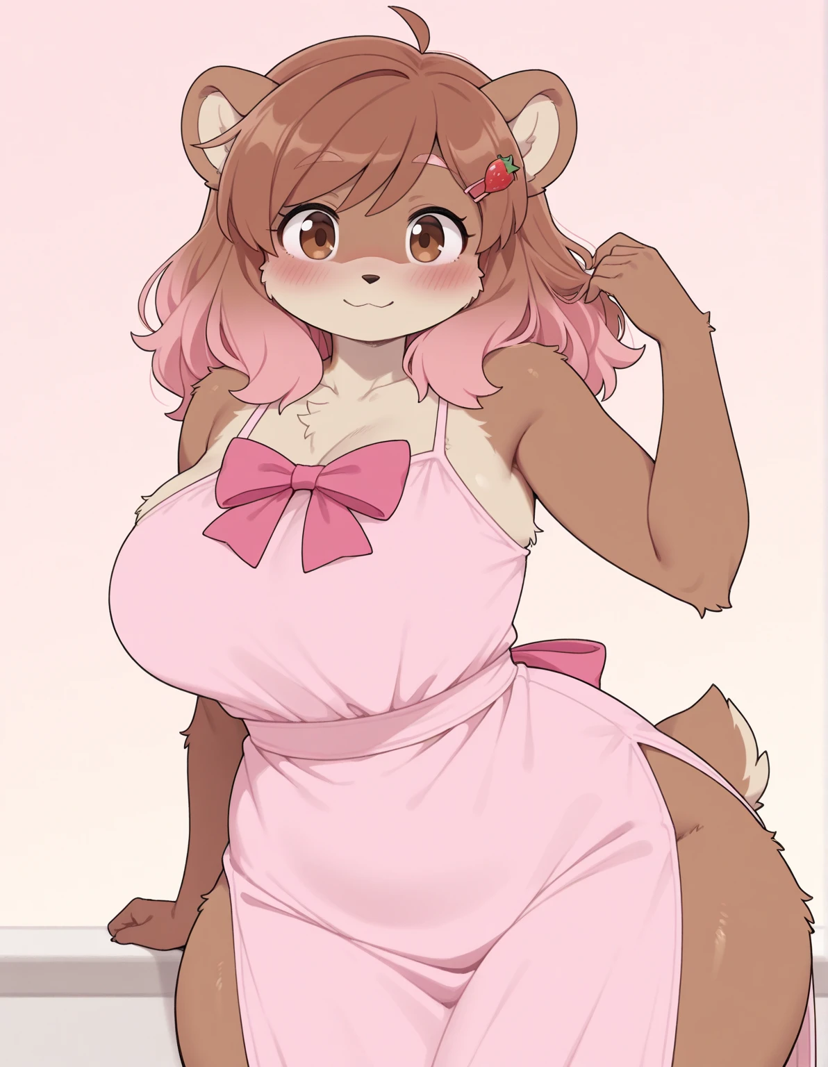 by by buta99, by chelodoy, by spikedmauler, by cervina7, solo, female, standing, looking at viewer, ((hair, snout)), smiling, lips, eyelashes, eyeliner, big breasts, cleavage, , light brown fur, pink eyes, sexy, long light brown hair, skinny, canine, pink, kawaii, domestic dog, cute eyes, wavy hair, small waist, huge thighs, light pink clothes, sexy, big hips, background, pink theme, kawaii, curly hair, white crop top, pink mini skirt, panty shot, big butt, looking up skirt