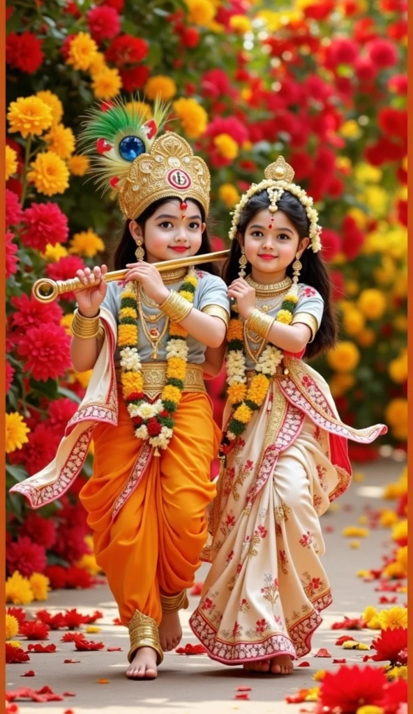 Goddess Radha and Lord Krishna as childs playing in the garden , Indian God, 8K render, facing towards the viewers