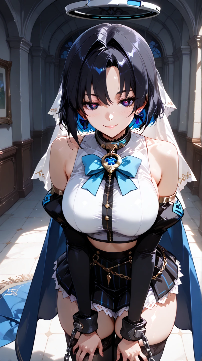 Kirito, Gun Gale Online Black Swordsman Outfit Overturned Jacket Black Shirt Silver Breastplate, blush, Super huge big breasts breast enlargement 紫色眼睛 一個人站在科幻都市 blush 微笑 一個人站都市 看著鏡頭 full-body shot 長髮 插图, ultra-detailed, HDR, vibrant colors, soft lighting