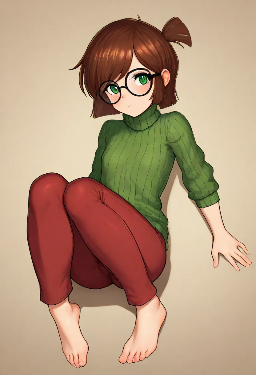 Masterpiece, armor, amazing quality, very aesthetic,full body, seated, brown hair, round glasses, green turtleneck sweater,  red pants, Green eyes, ( light clothing), (fitted clothing), ((pies descalzos)), ((perfect feet))