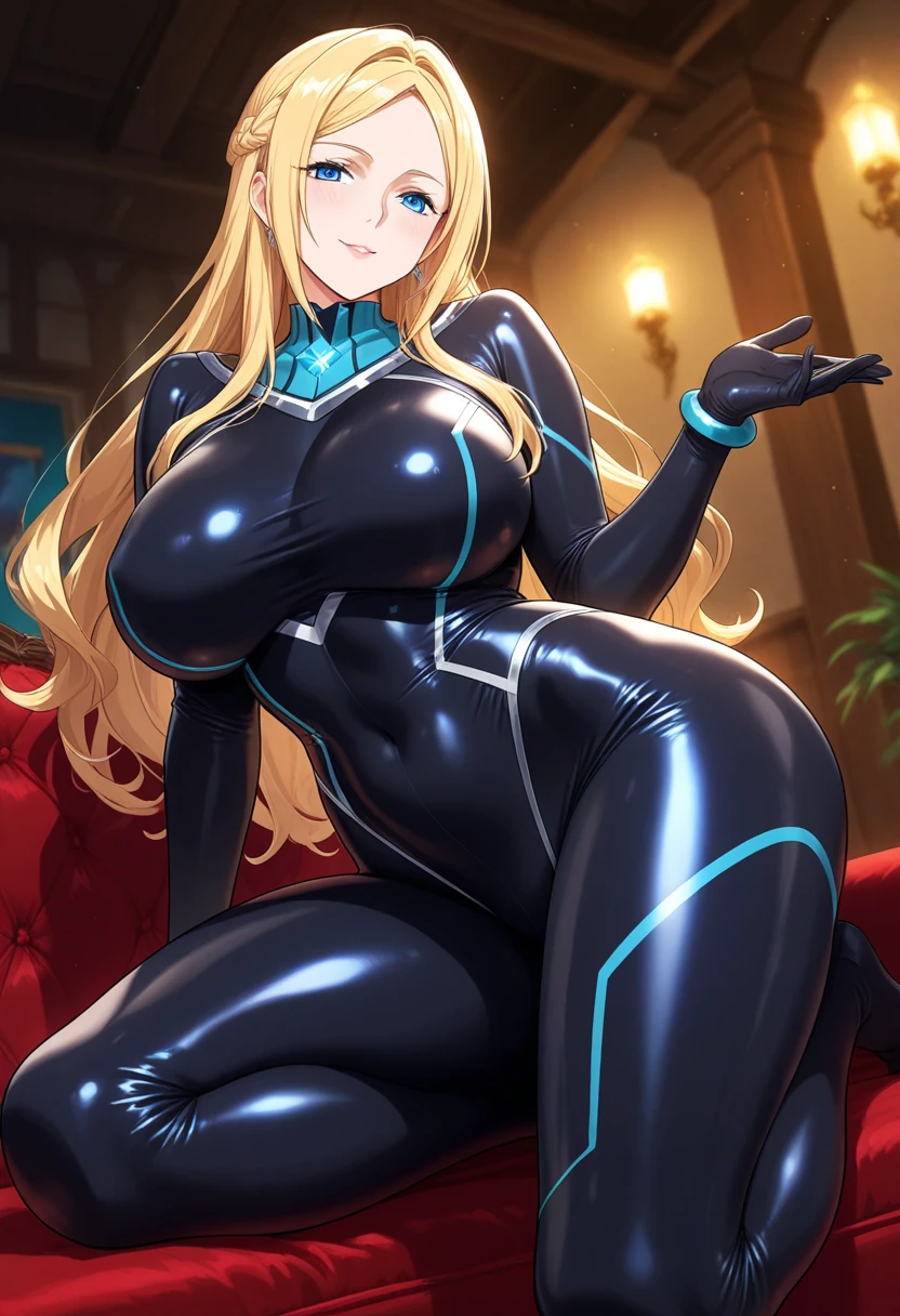 1girl, blonde hair, long hair, blue eyes, serious, black bodysuit, large breasts, breasts, thick thighs, pilot suit, futurustic, machinery, tech, science-fiction, neon trim, neon lights, bodysuit, mature female, hourglass figure, toned, squatting, spread legs, salute, sneakers, ((full body)), full_body