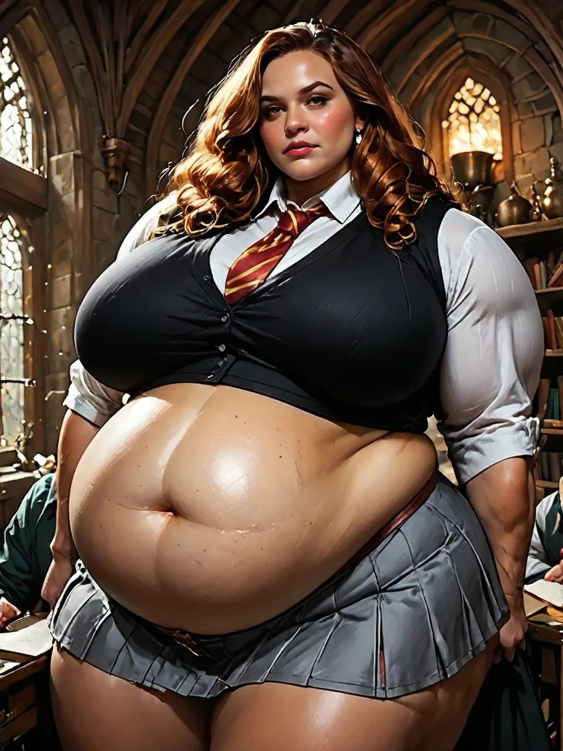 Fat triss merigold, blushing, embarrassed, big cheeks, traditional dress, Big lips, double chin, chubby body,bbw, morbidly obese, overstuffed belly, wet body, castle hall 