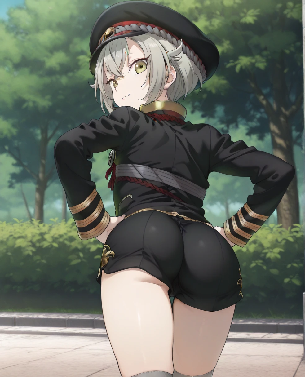 1girl, tan skin, tan, tan-skinned female, from behind, ass, ass focus, thong, panties, jacket, smile, smirk, smug, breasts, huge ass, ((huge ass)), thick thighs, mature female, milf, hourglass figure, black hair, very short hair, yellow eyes, forest, black jacket, ((black jacket)), hooded jacket, belt, military hat, cap, gloves, highleg, gun, black thong, spiked hair, ((highleg)), military jacket, bare legs, tomboy