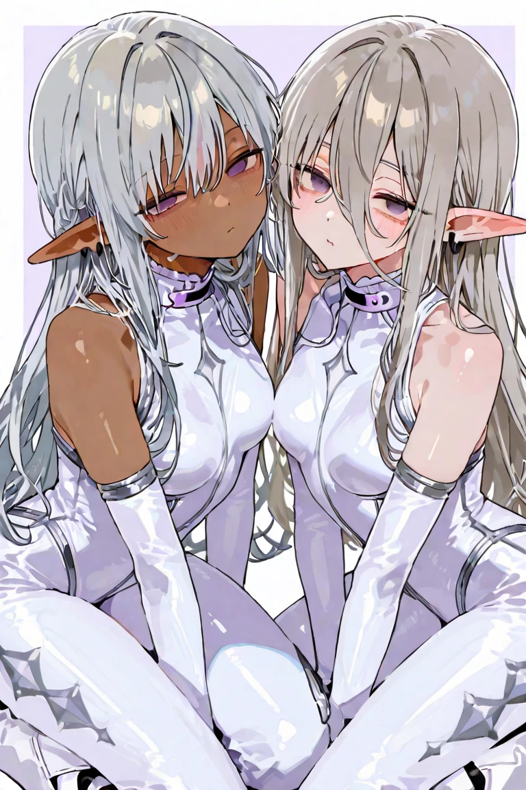 Two female elves，One black and one white，hold each other tight，The two bodies are very close to each other，kisses，at a forest
