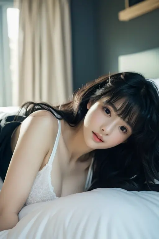 highest quality ,masterpiece,Ultra-high resolution, so beautiful, cute, (Photorealistic:1.4), 1 Girl, Japanese, Black Hair、Long Curly Hair、Cinematic, 35mm lens, f/ 1. 8, Accent lighting, 8K, Ample breasts, V-neck, White pajamas, Bedroom、Dark Room、Lying down