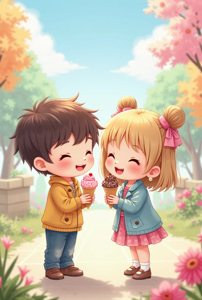 Chibi cartoon drawing of two school children eating popsicles.