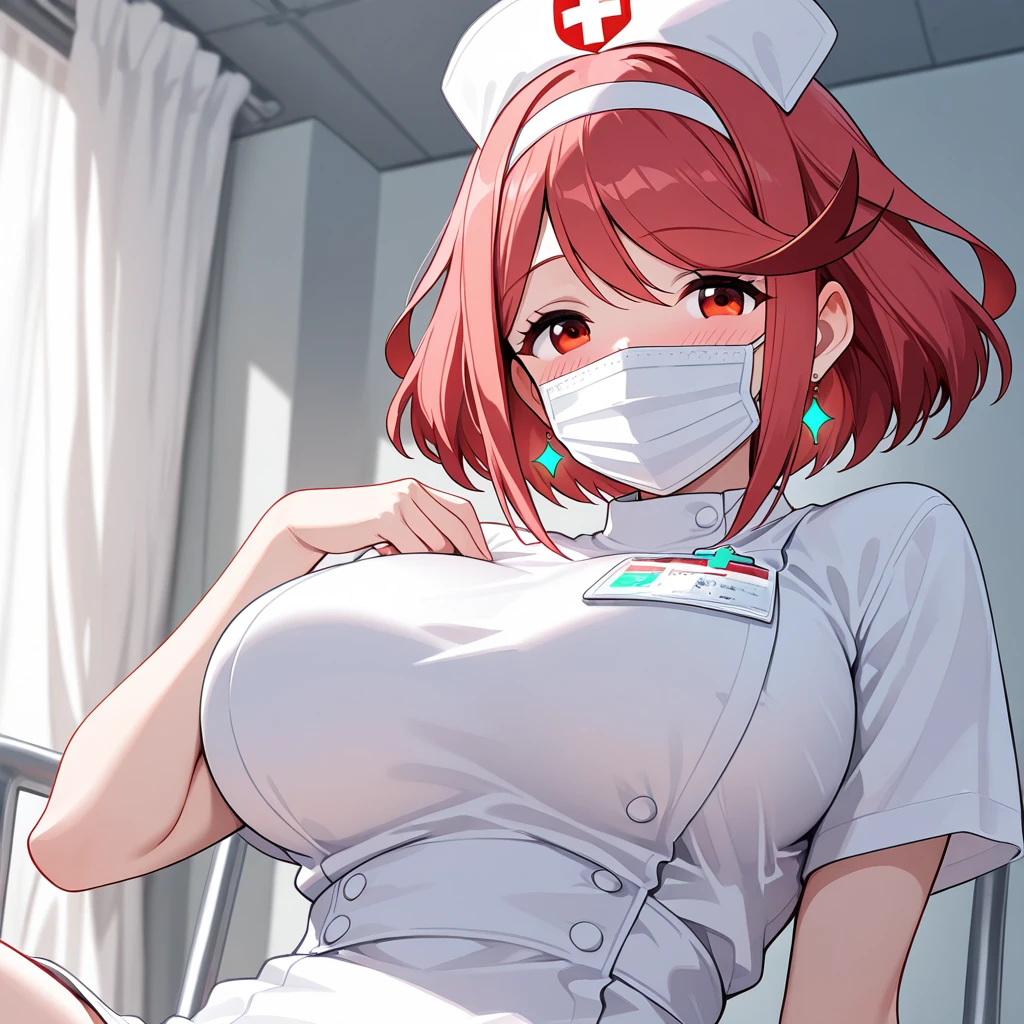 masterpiece, best quality, detailed, solo, 1girl, hmochako, nurse, stockings, seductive pose, nurse cap, chest curtains, gloves, smiling, caring, compassionate, interact, friendly, warm, hospital, medical clinic, nurse station, bedside, treatment room, medical equipment, supplies, hospital beds, monitors, medications, patients, colleagues, traditional, light blue, protective, background, setting, medical, clinical, bedside, treatment,  equipment, supplies, hospital bed, monitor, medication, surgical mask, short hair, medium breasts, beautiful brown eyes, cleavage, big breasts, sweating, blushing, heavy breathing,