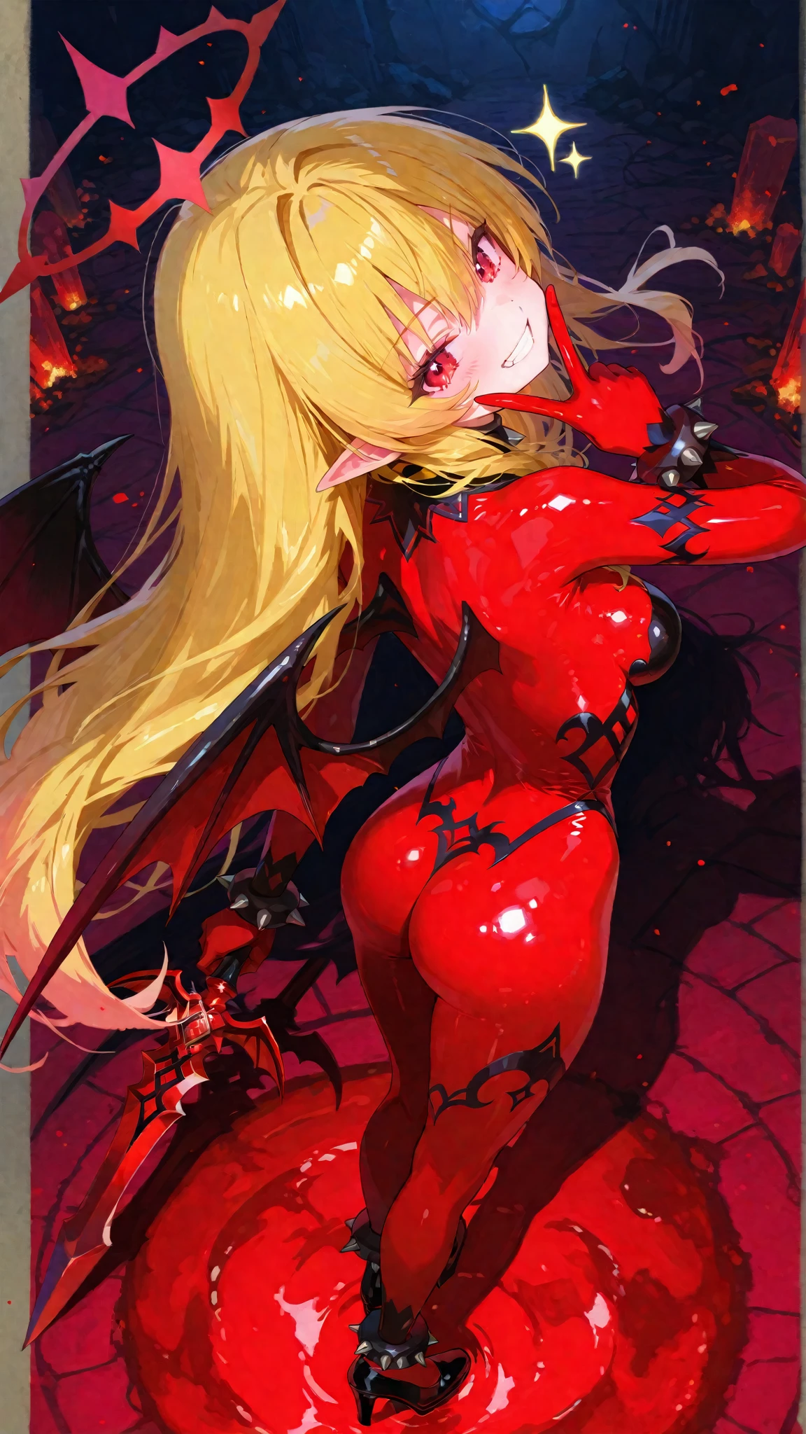 16 year old Adriana Lima, ultra detailed face, ultra detailed blue eyes, long blonde hair, fire, hell, demon, horns, (red dress, skirt), (((masterpiece, large bat wings, screaming)))