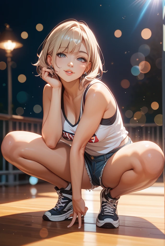 realistic, 1girl, white hair, purple eyes, glowing eyes, see through tank top, mini skirt, parted lips, blush, night, flowers, sun, sunlight, camel toe, wet, beautiful girl,