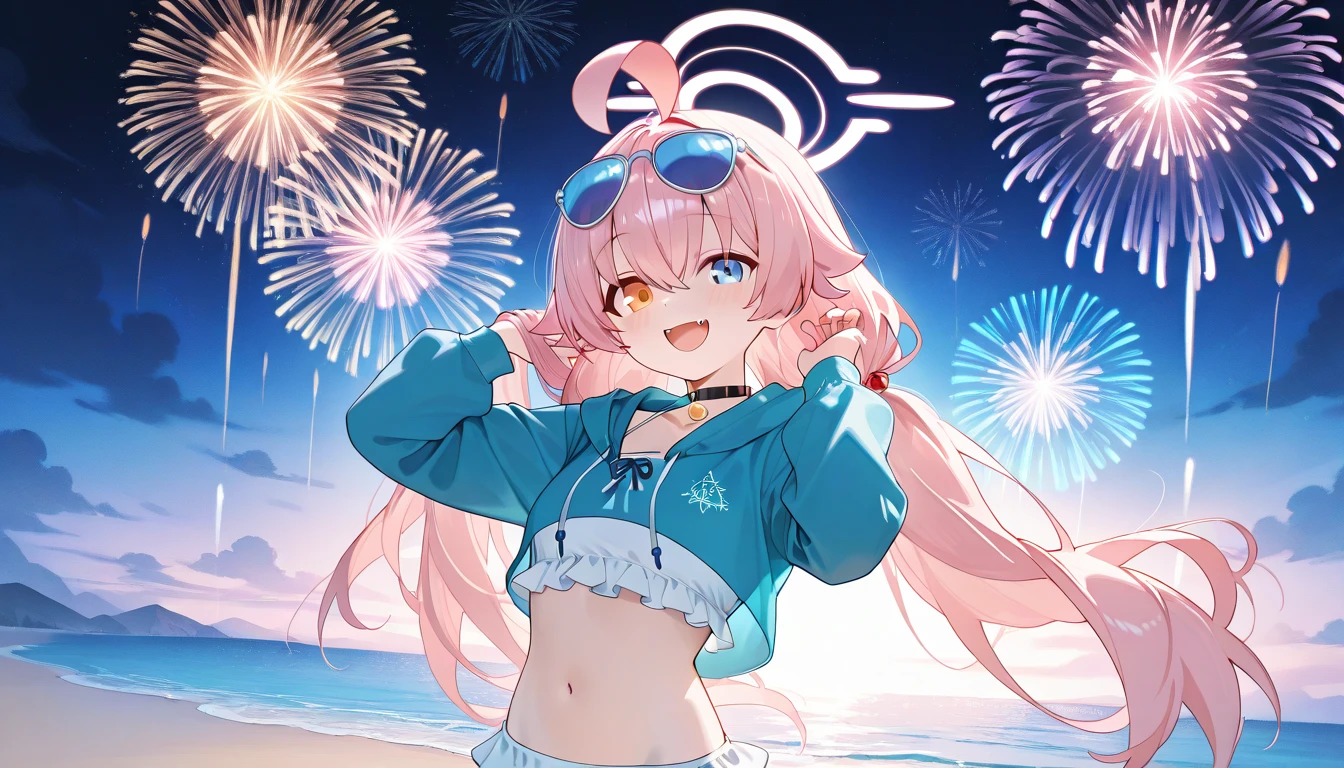 (text in "Happy new year!":1.5), masterpiece, Best Quality, Standing, Lieselotte Cretia, light smile, Long hair, Wavy Hair, Bangs, hair between eye, Hair Bow, Blue eyes, (Blue hair:1), Black Bikini, Beach, fireworks scene,
