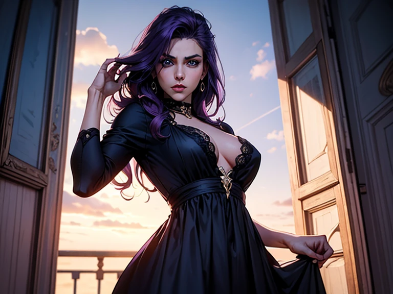 sexy girl, long purple hair, punk look, tight black dress, spikes, sitting on a terrace with stunning views of a typical Greek village: 1.5, chiaroscuro, sensual, dramatic lighting, moody atmosphere, photorealistic, intricate details, masterpiece, ultra-detailed, high quality, 8k, best quality, realistic, cinematic, dark and brooding, expressionistic, powerful composition, emotional impact(art inspired in Bill Sienkiewicz). oil painting) 