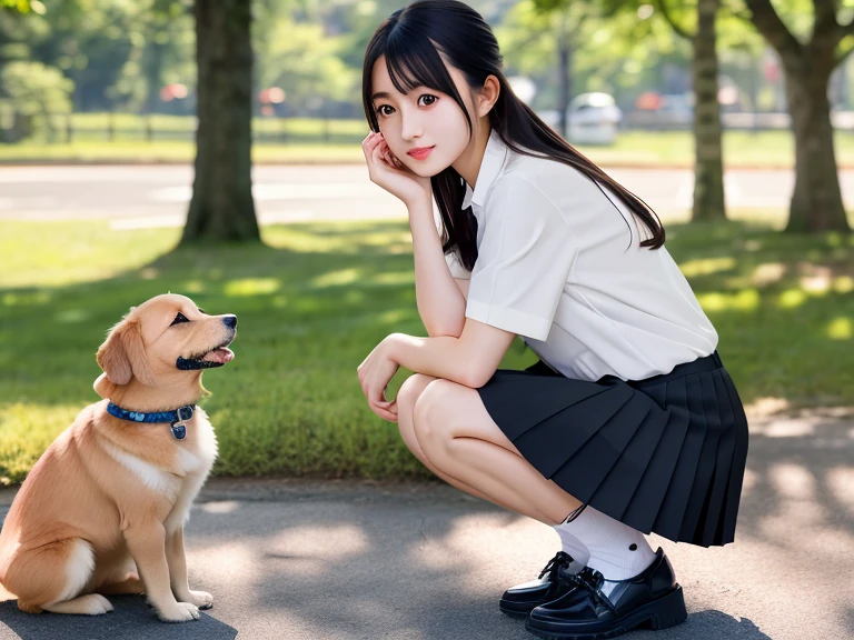 Black short bob,Girl and dog playing on the grass,19 Asian women,Black pleated skirt,Panty shot,White underwear,It has depth