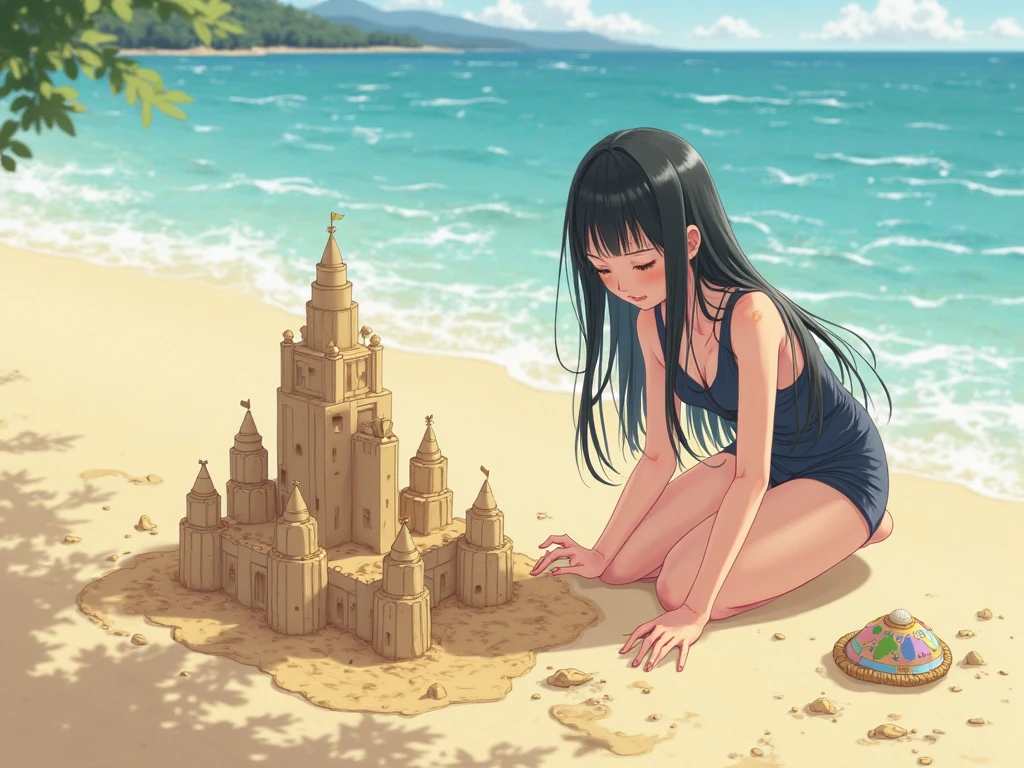 (((masterpiece))), (((best quality))), (((seaside))), ((world landmark sand sculpture)), ((from side)), ((bend over)), ((head down looking down)), ((holding a shovel)), bikini, red chiffon jacket, sea, wind, beach, solo, 1girl, kneeling, cleavage, (((big tits))), collarbone, sweat, ribbon, black updo hair, open mouth, shy, blush, slim figure, (((night))),  <lora:girllikesandsculpture:1>