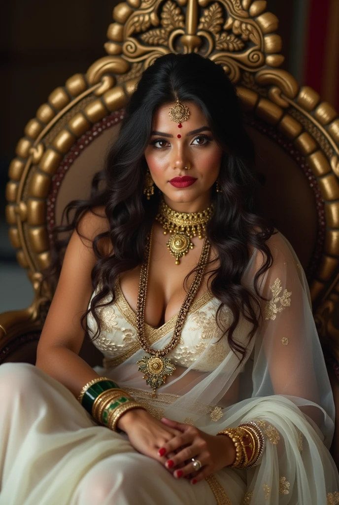 Portrait of A confident-looking indian woman with long flowing hair, hazel eyes, with flowing cape, wearing designer jewellery, a crown on head, visible c-cup breast sitting on boat, palace background, bokeh perfect composition, hyperrealistic, super detailed, 8k, high quality, trending art, trending on artstation, sharp focus, photo shoot, intricate details, highly detailed, art by greg rutkowski