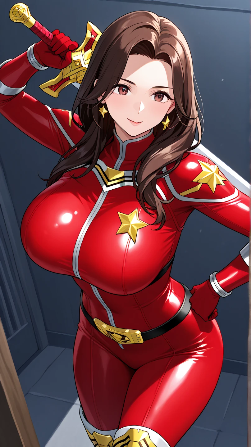 ((masterpiece)), ((Ultra quality)), ((super detailed)), ((high resolution)), ((8k)), a beautiful woman, ((She is one of the most famous actress in the world)), unparalleled beauty, ((large breast:1.6)), ((large ass:1.2)), ((deep cleavage:1.2)), slim waist, chest out, ultra detailed face, perfect skin, (((waist length hair, long brown straight hair))), ((light brown eyes)), ultra detailed eyes, whole body image, sexy, an inviting smile, sensual, (((anime))), ((glamorous)), sexual attraction ,((Age 25)), ((incredibly beautiful woman)), ((The G cup bust)), ((neat and clean)) , (((Power Ranger))), heroine, (((Prototype high-cut leotard power suit))), ((beautiful breasts)), beautiful legs, 8 life size, anime:1.4, the most beautiful and strongest, ((charm)), ((beauty)), ((((gravure pose)))),