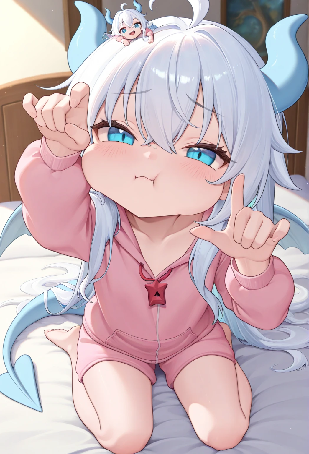 1loli,full bodyesbian,leisure wear,Fleshy legs,white stockings,Lie down in bed,Cute white background, (Speaking heart:1.4)