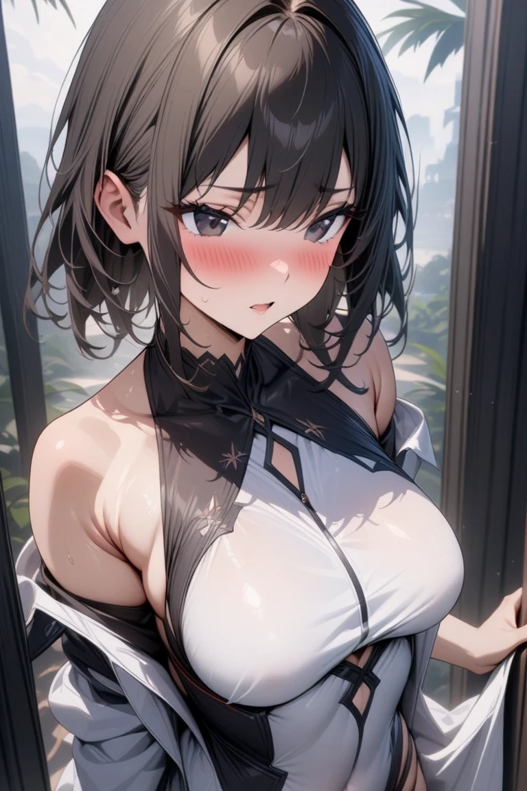 big, highres,lingerie,1girl, 1boy, pov,cum on breasts,(large breats),((dangle earrings)), breast focus, taking a on her face, cum string,, cum on face, cum on tits,,