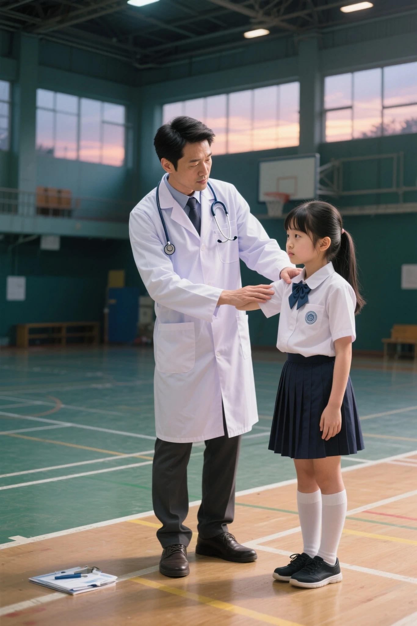 A tall male doctor in a white coat is measuring the height of a girl with a height meter,