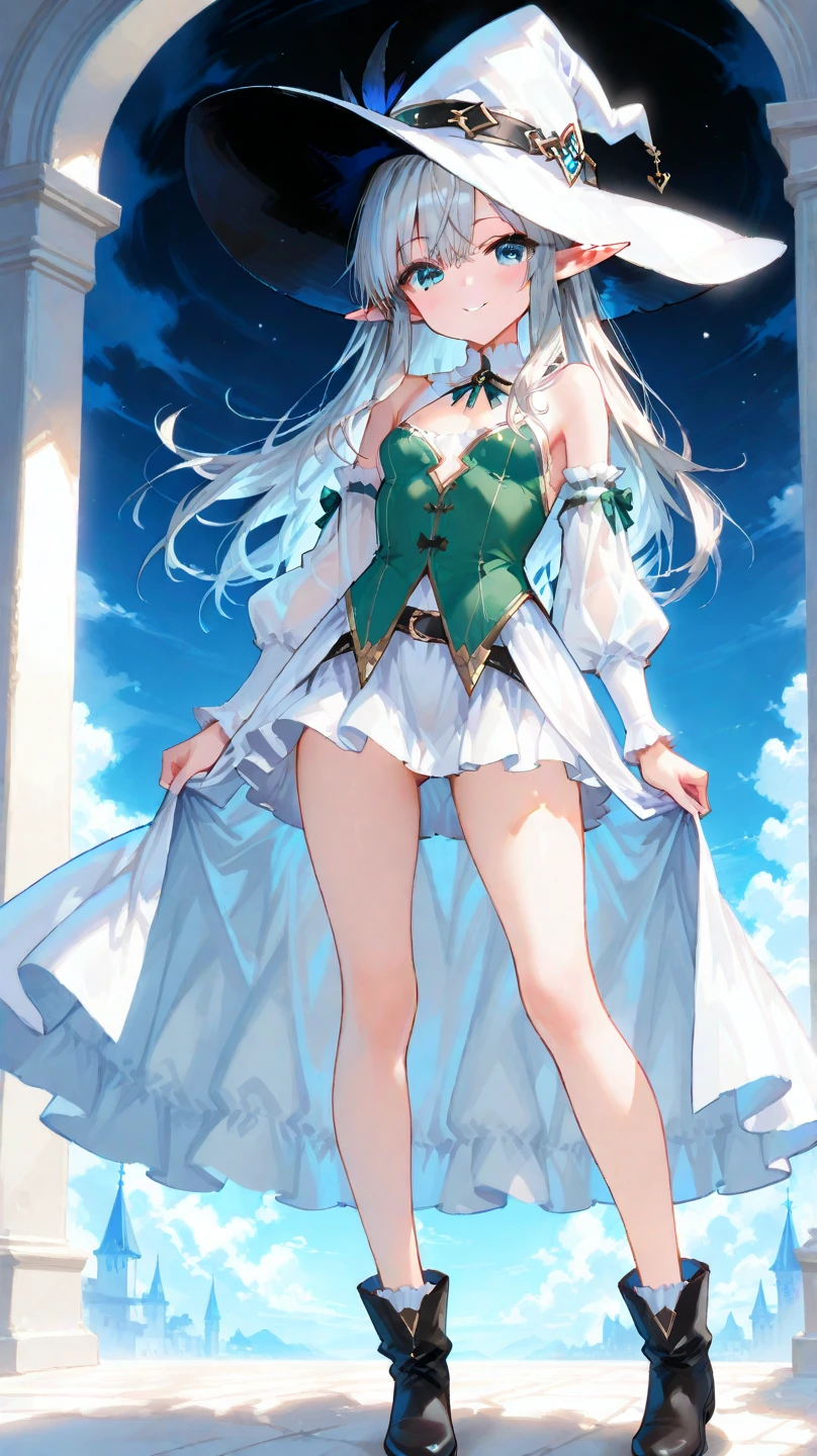 masterpiece, ultra detailed, 8k portrait, RAW photo, portrait photography, Highly detailed face, beautiful and meticulous eyes, ((Fantasy)), Young beautiful, (((Female priest))), ((light blue Wavy long hair)), Gentle face, White skin, (((green and white silk priest robes))) Fluttering in the wind, (((brown short pants))), Leather boots, (((((Standing spread legs))))), ((((equip a magic wand)))), Midday Sun, Hyper realistic, Body model, Small breasts, Beautiful breasts, Long legs, In the church of the Middle Ages, Ambient lighting, Shadow details, Camera focus on face, strong breeze, Light fog