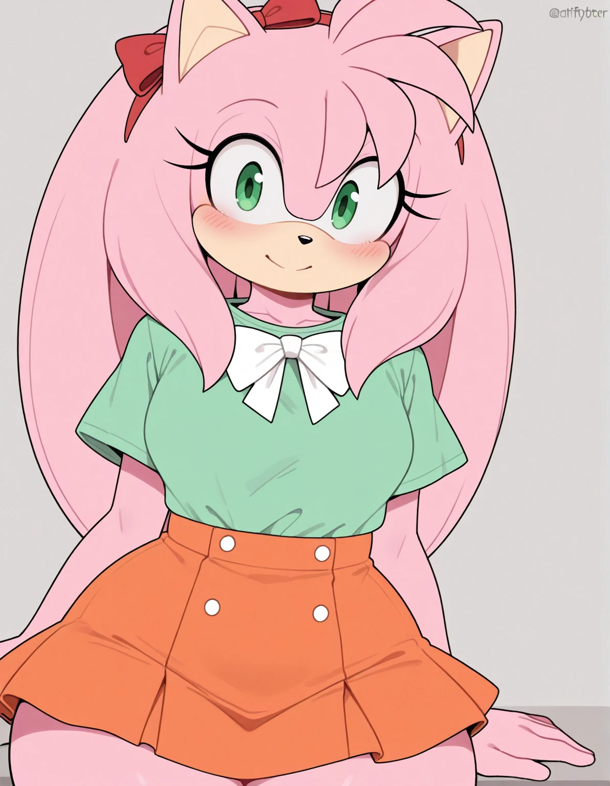 a beautiful sexy girl big breast beauty pink skin short pink hair disheveled her black eye yellow pupil she wears a white button-down shirt and a short dark green skirt a pair of white socks long black shoes