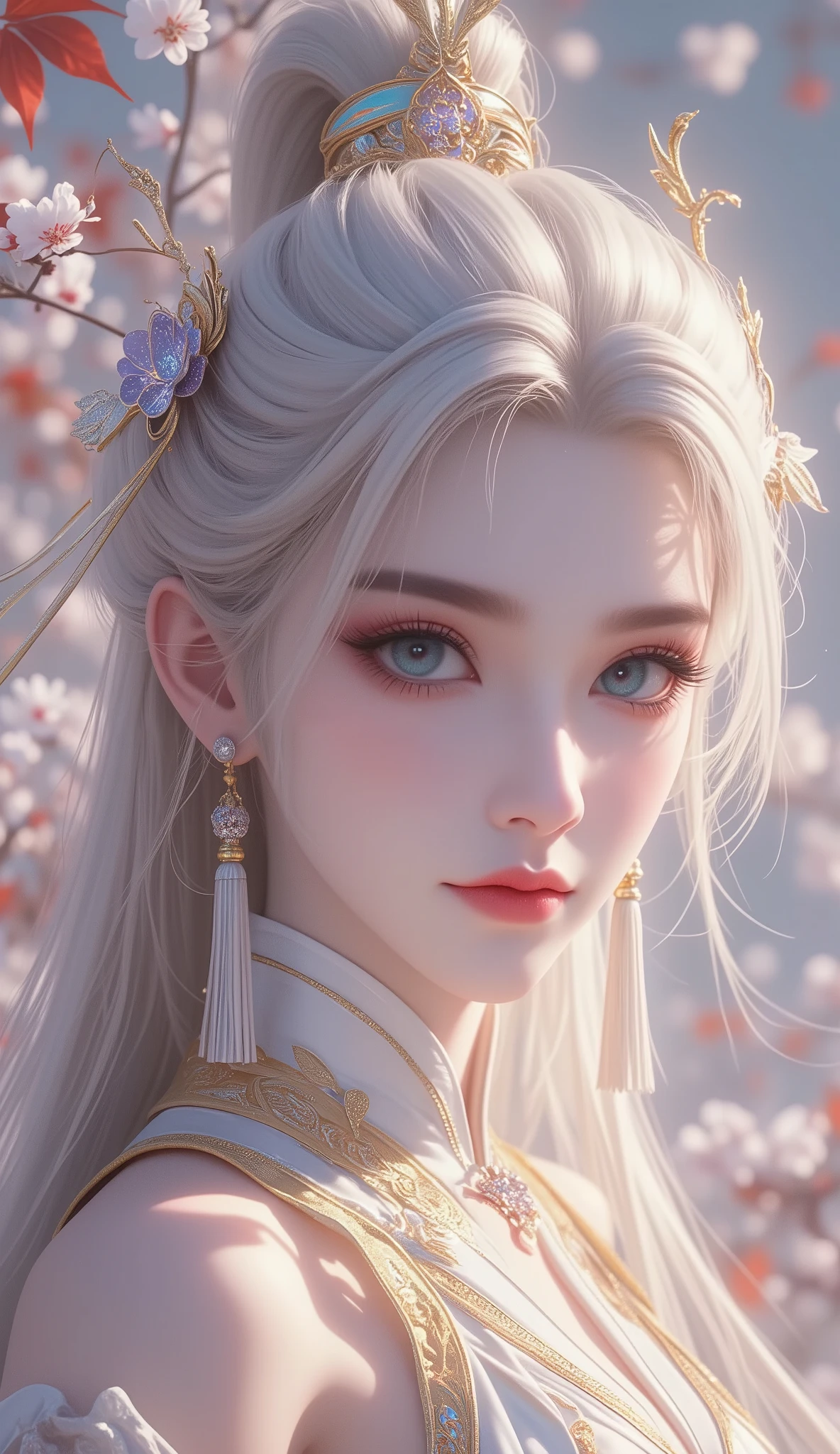 Chinese Fairy Tales character, extremely details, high detailed face, mature woman, cool beauty, living expressions, aqua eyes, expressionless, (blonde hair), highlight, high ponytail, shiny silky, long hair, tassel earrings, gold Hair tube, iridescent, (gold oriental hanfu, Sleeveless, high collar top, leather, white trim, traditional styles, tight clothing), delicate and dynamic textures, contrasts of light and shadow, Ancient Chinese fairy tales, CGI, artistic photography, hyper realistic, digital graphic CG, snow flower field, red maple leaf, Flowing breeze , various iridescent foggy glitter effects, brilliant light and shadow, contrast, gradation effects, highly detailed, sharp focus and contrast,
