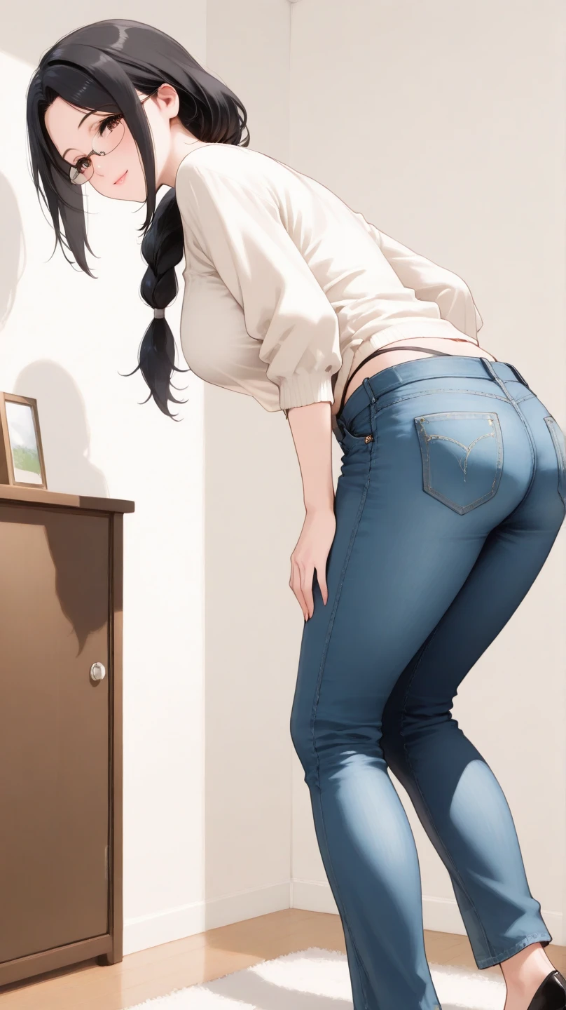 woman, Pulling down her sagging jeans, Accidentally exposed panties