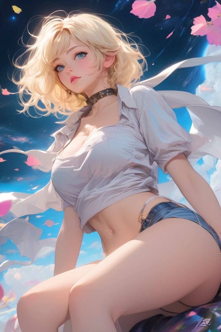 a beautiful 20 year old blonde woman with big messy hair laying down on a cloud in the sky floating over a cityscape at night, twinkling stars and glowing moon, fantasy art style, rossdraws cartoon vibrant, cyberpunk, cute detailed digital art, colorfull digital fantasy art, digital fantasy art ), glossy digital painting, rossdraws pastel vibrant, rossdraws 2. 5, rossdraws 1. 0