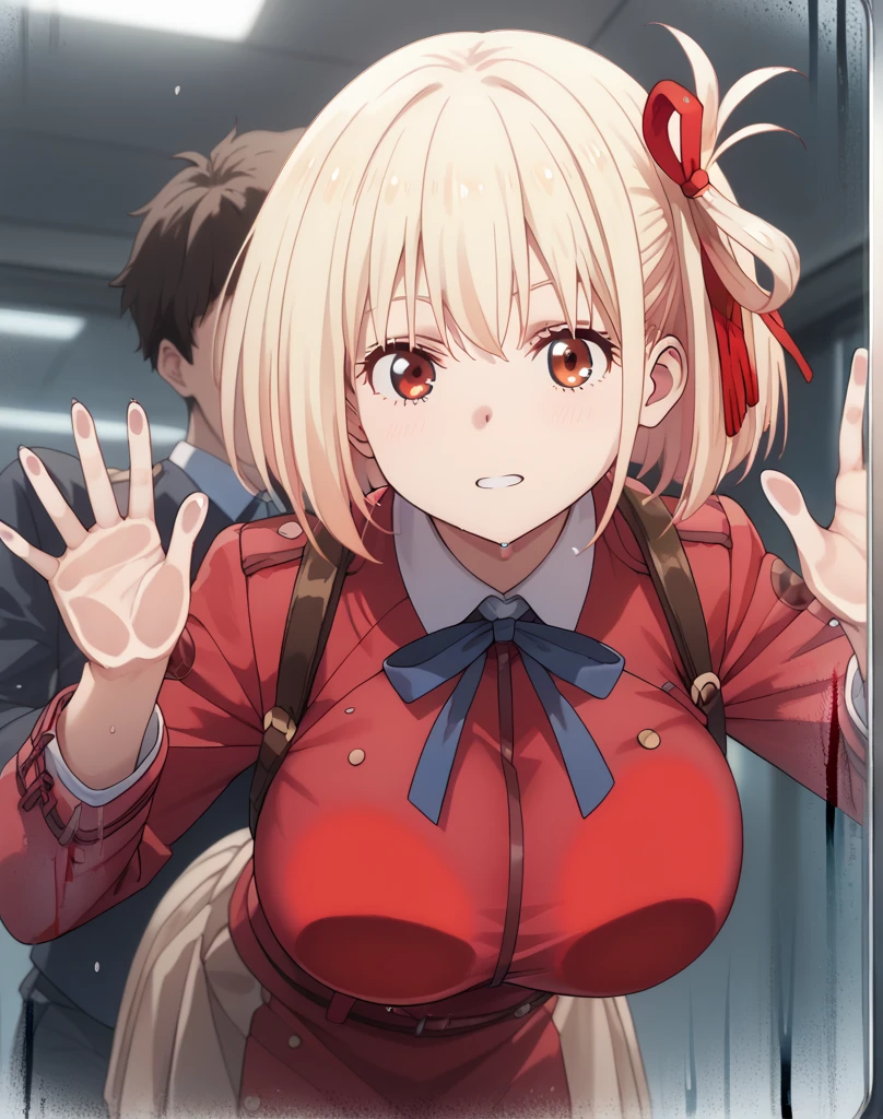 masterpiece, Highest quality, 1 person,( Large Breasts,Are standing, View your audience,),Detailed Background、A person who writes in detail、Accurate human body、Knowledgeable person、Accurate 5 fingers,Mature Woman,Thighsが太い,Cruby Body, Nishikigi chisato, bob cut, hair ribbon,wrist above head,cyclone \(for once\),Long sleeve、Thighs、alone,((lycoris uniform, two-tone dress, red dress, grey dress, neck ribbon, long sleeves,short skirt)),((zettairyouiki)),,TranT, (train interior), netorare, chikan, grabbing, hetero, pussy juices, molestation, public indecency, public use,faceless male fingering, 2boys, faceless male, assisted exposure,