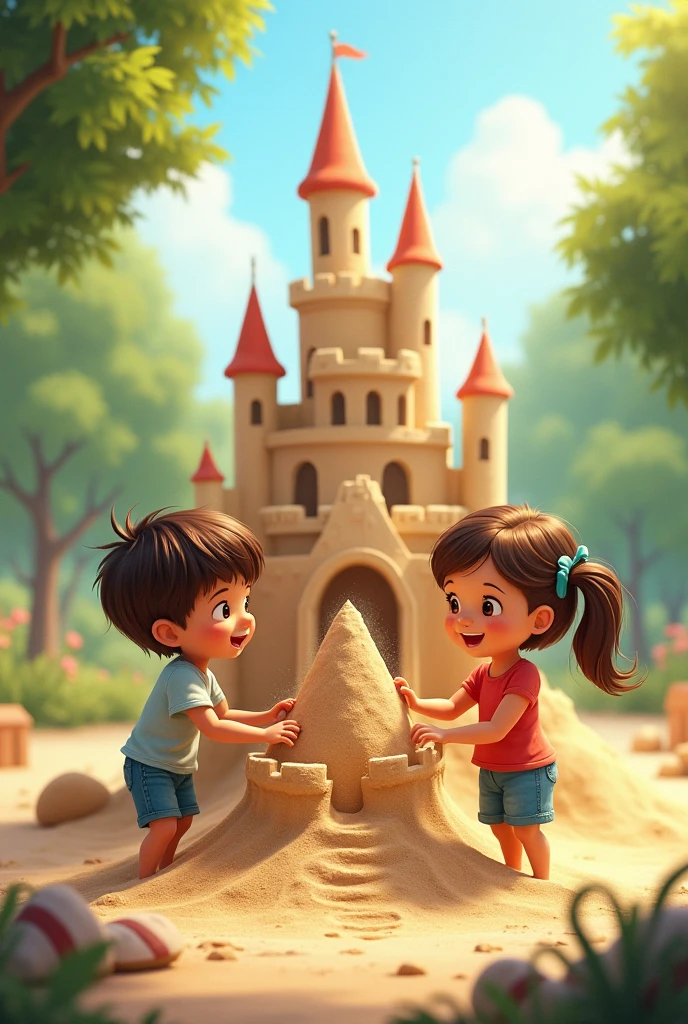 A playground with a sandbox at the end of the sandbox a small child is making a small sand castle, while a big child is taking up the rest of the sandbox and making a big sand castle