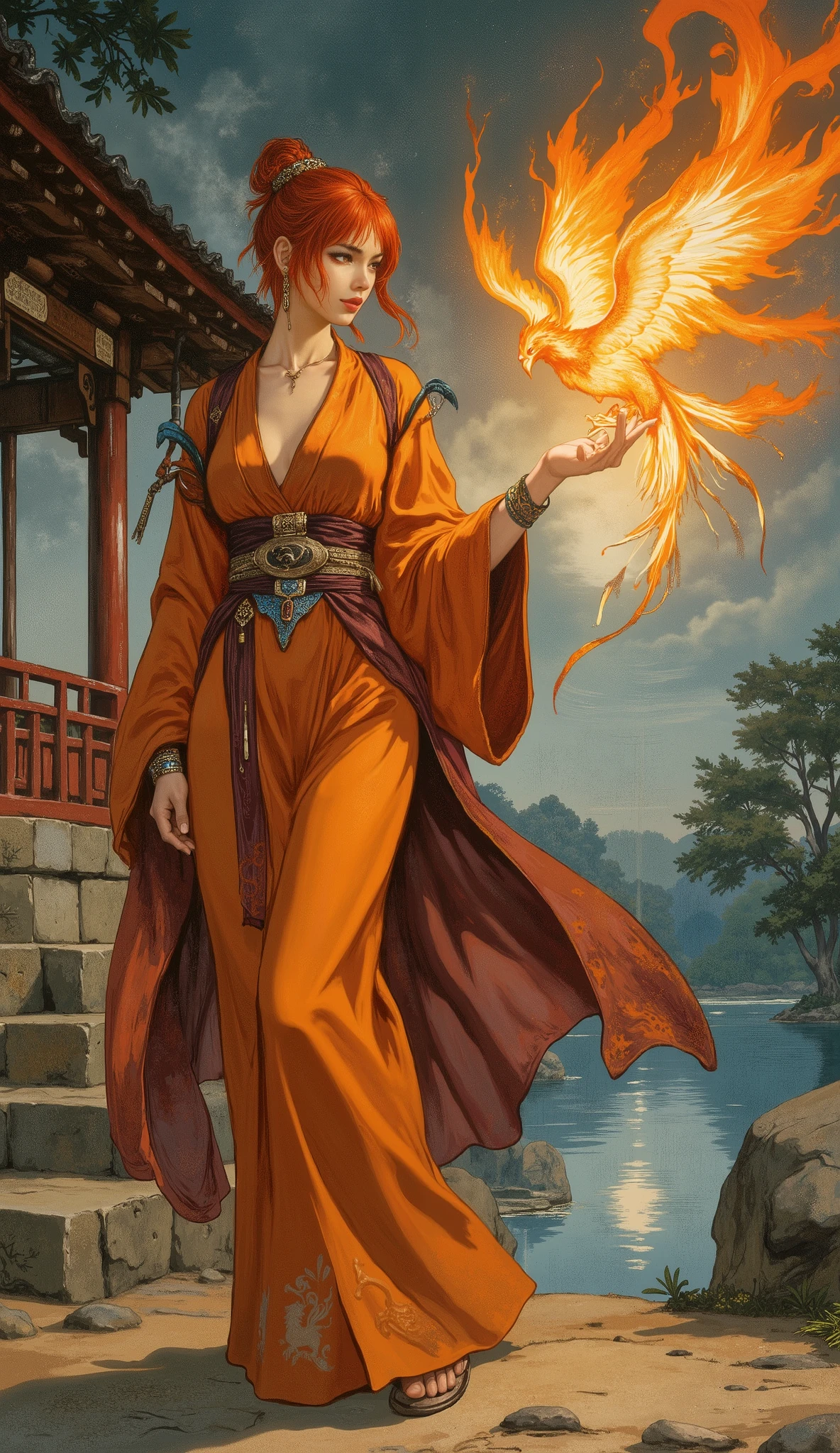 A breathtakingly beautiful noblewoman with messy short bright red hair and side-swept bangs, arched thick eyebrows, sharp shrewd eyes, and a slender face. She has a slim figure and is wearing a fantasy wuxia style loose solid-colored Taoist robe with wide flowing sleeves and a matching flowing long skirt. The robe is adorned with a phoenix totem made of flames. Color palette: predominantly orange and maroon, with blue accents. She is elegantly strolling in front of a graceful, ancient Chinese-style pavilion by a serene lake. A spirit bird composed of pure fire hovers and flies around her outstretched hand. Anime style Chinese martial arts fantasy illustration, dynamic lighting, intricate details, cinematic composition, hyper-detailed, masterpiece, perfect anatomy, flawless hands and fingers, stunning visual, ethereal fantasy, dramatic lighting, a blend of traditional Chinese painting aesthetics and modern anime visuals.