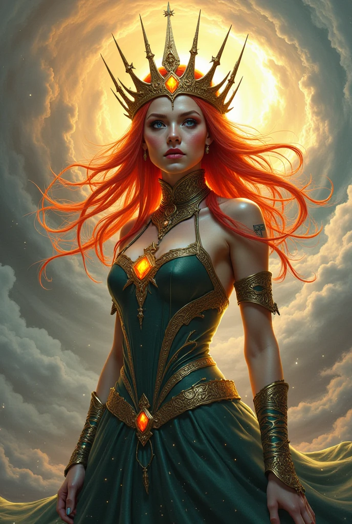 a fiery goddess, vibrant colors, intense flames, flowing red hair, mesmerizing eyes, glowing skin, powerful presence, engulfed in flames, ethereal beauty, mystical aura, elegant and fierce, mythical figure, radiant heat, burning passion, dynamic composition, sparks flying, divine power, otherworldly energy, fiery surroundings, intense heat and light, magical transformation, goddess of destruction and creation, vibrant and captivating, commanding attention, intense inferno, majestic and unstoppable, captivating gaze, transcendent being, a symbol of power and strength