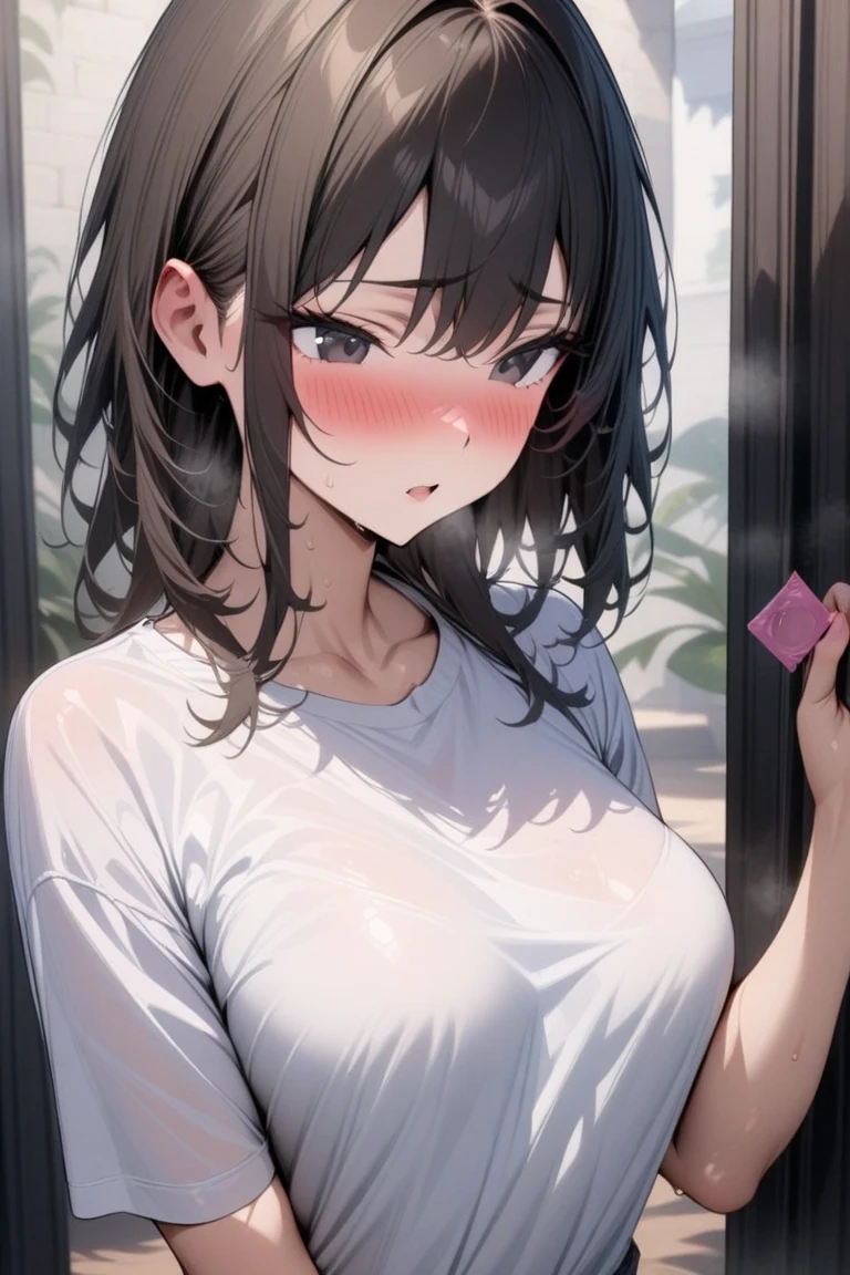 whole body, delicate facial features, big tits, medium hair, black hair, tearful mole, earring, golf uniform,