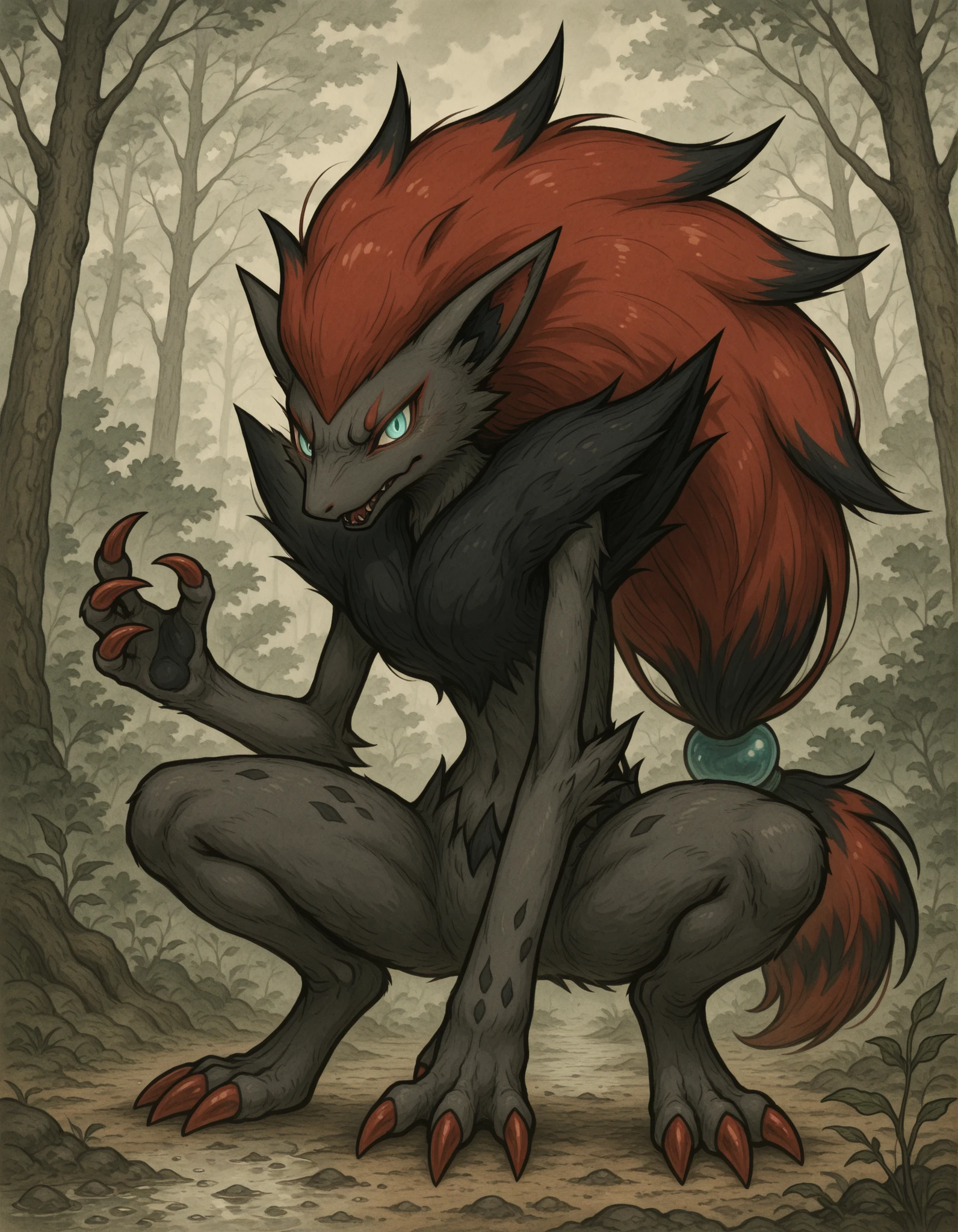 masterpiece, best quality, no humans,        Zoroark, forest clearing, shattered moonlight, crouching pose, tension in the air, fog weaving through the trees,  Zoroark crouches low to the ground, claws spread, eyes locked on something hidden beyond the fog. Moonlight spills through broken branches above, fragmented by the canopy, casting sharp shadows that stretch like claws across the mossy floor. looking at viewer, glowing eyes, face focus,   y0k4i,  