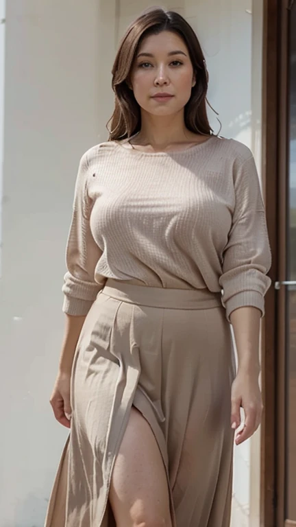 A brunette with a soft, round face and almond-shaped brown eyes stands confidently, her naturally curvy figure accentuated by her full lips and thick, arched eyebrows, instagram, with clothes