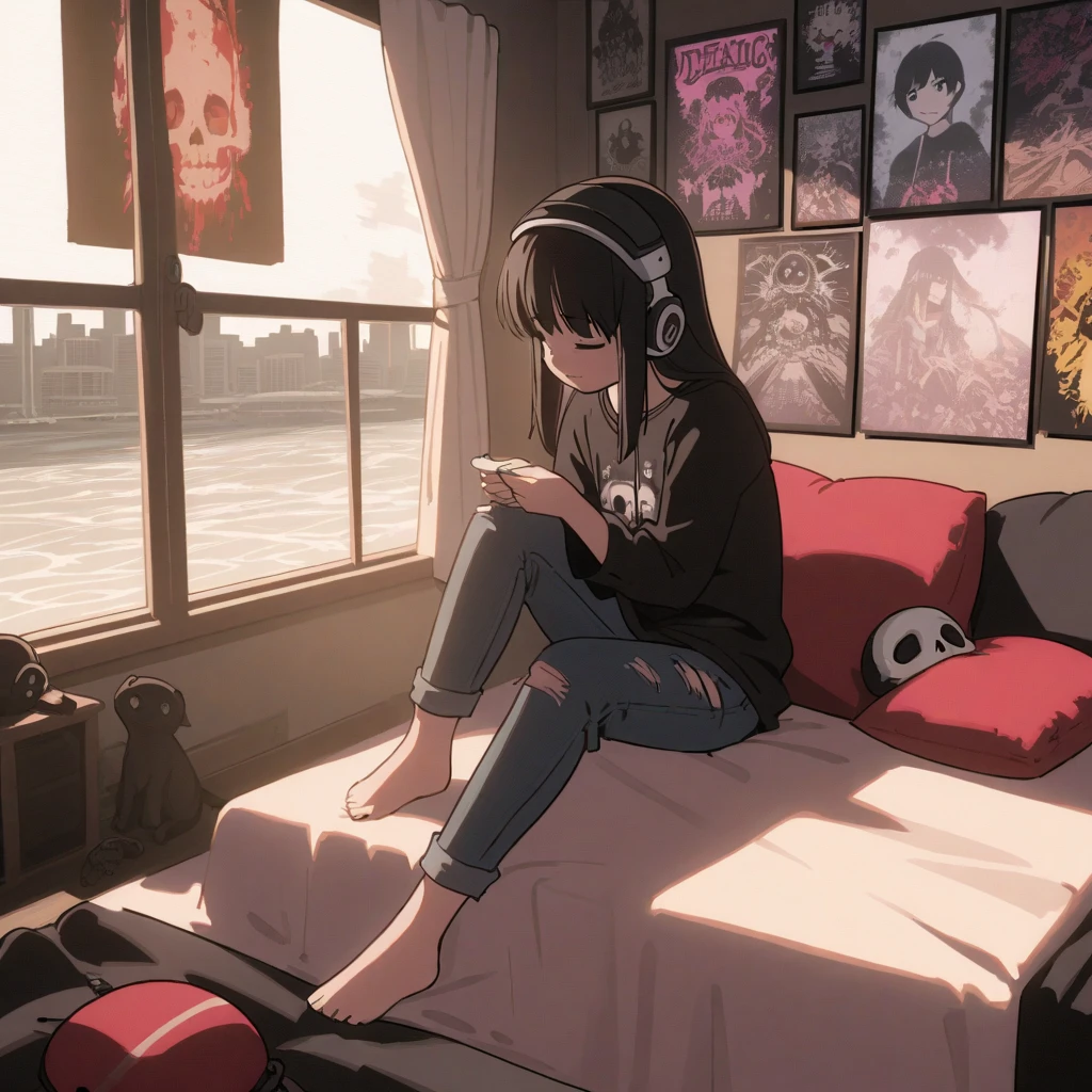 night、Girl listening to music in a cozy room, Use headphones, Anime-style 2D, Lo-Fi, hard disk, Dark Environment、Soft atmosphere