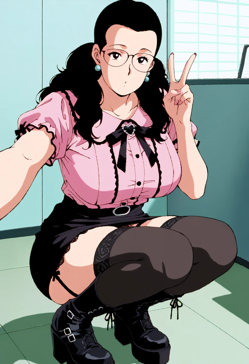 Juri Han, artwork, tight white secretary shirt with black tie, black high waist skirt, Short skirt,media, black fur, black stockings,office,bangs in the eyes,bravo,
,evil smile