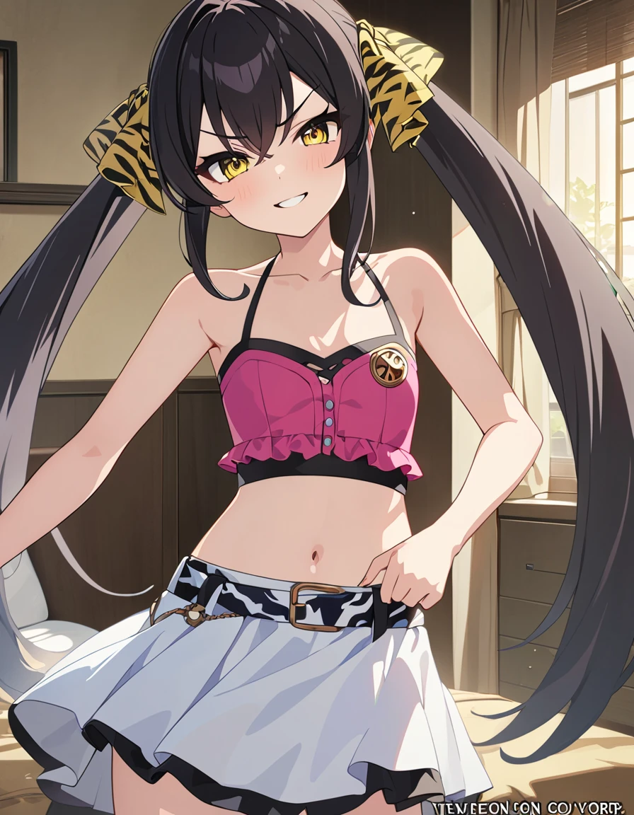 best quality,masterpiece,   4k, uncensored, prefect lighting, rating_explicit
,1girl, solo, matoba risa, twintails, black hair, long hair, bangs, yellow eyes, v-shaped eyebrows
,mtbrisa_AA, yellow ribbon, pink camisole,white skirt,animal print,belt, navel,collarbone
,smile, looking at viewer ,newest,official art
 