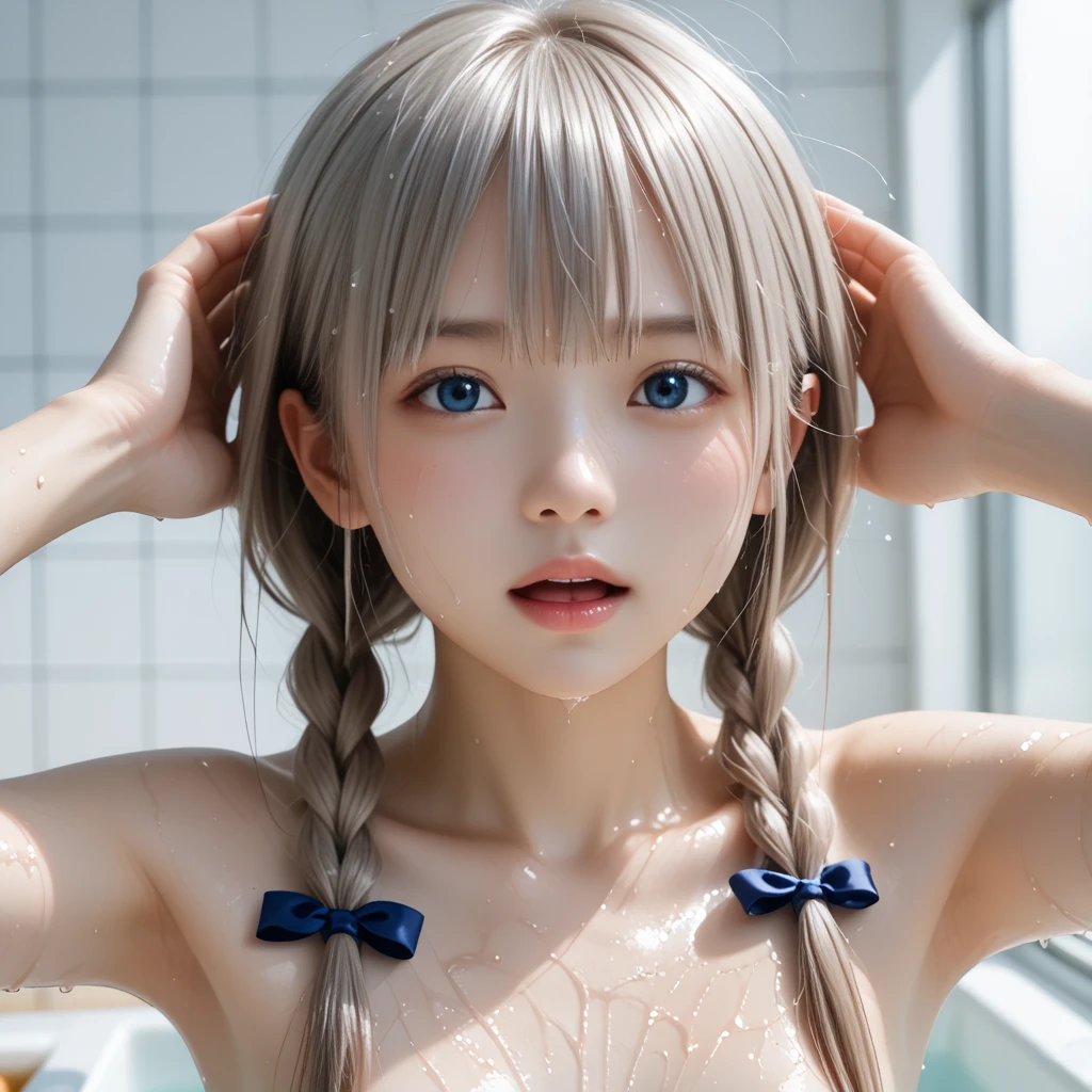 Earrings、necklace、Beautiful glowing white skin, Unparalleled beauty, bright, Refreshing and gentle look, 完璧な美しいcute顔, Shiny platinum blonde silky long straight hair, Beautiful shiny bangs, Very beautiful and beautiful４Year old girl, eyeliner, so perfect and beautiful, Big clear sky blue eyes, very beautiful bright eye highlights, ((One Girl, alone)),Poolside、cute、Baby Face、Swimwear、(Topless:1.5)