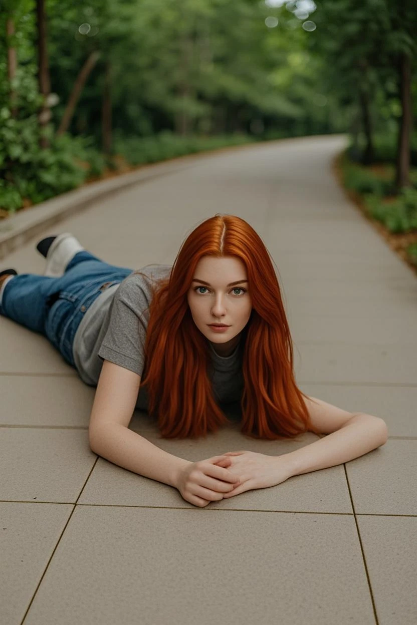 cinematic photo a 21yo woman, wearing a black hoodie,tiny tits,red  French Braid hair, closed eyes, open mouth, kneeling On the hiking trails, ((head thrown in back)) . 35mm photograph, film, bokeh, professional, 4k, highly detailed