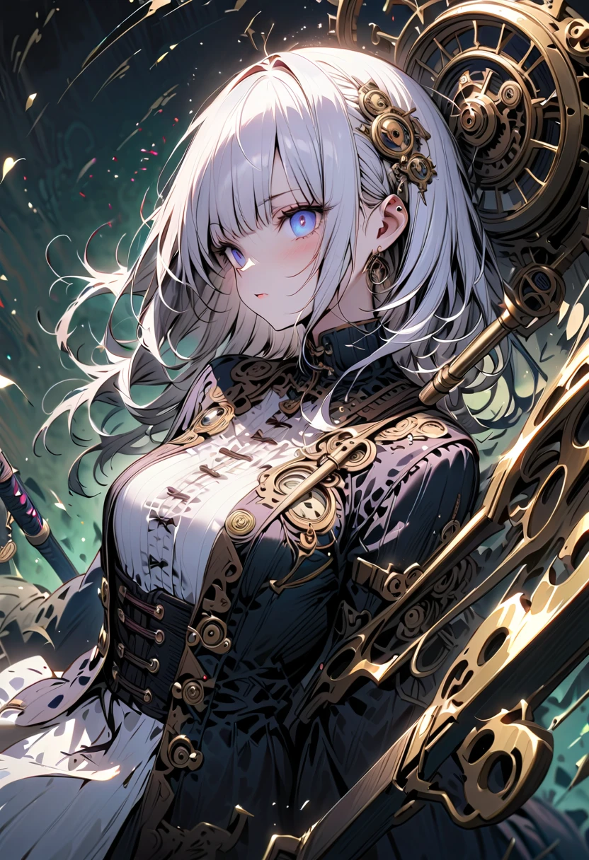 best quality, masterpiece,highly detailed,semi-realistic,1girl,mature female,upper body,cleric,hiqcgbody,medium breasts,cleavage,perfect face,red eyes,white hair,hair ornament,gem,necklace,castle in background,depth of field,looking at viewer,motion blur,dynamic angle,