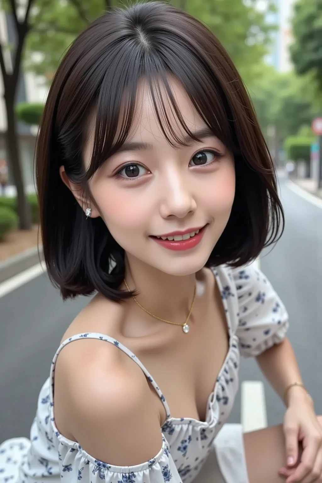 20Beautiful young woman of the year、 Korean women、Black Hair、Wavy Hair、short hair、ear piercing、Necklace around the neck、blouse、smile, Beautiful teeth alignment、Intricate details, Very detailed:1.2), 、 Looking into the camera,The background is the town