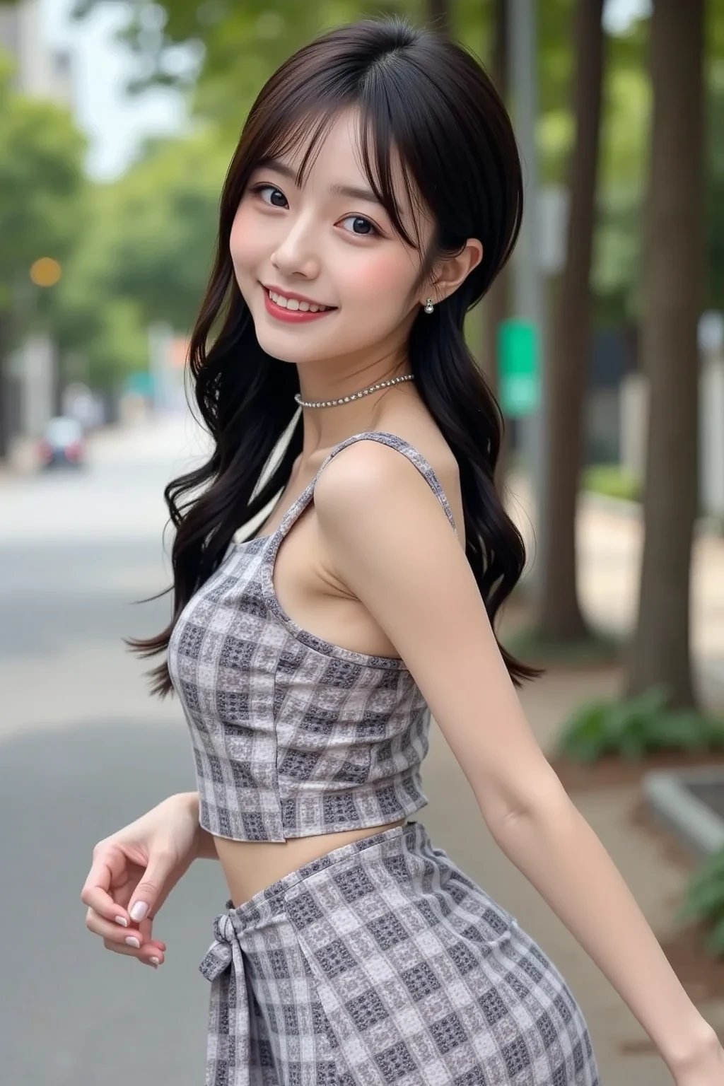 (8K, RAW photo, professional, best quality, masterpiece:1.2), (realistic, photo-realistic:1.37), ultra detail,(best detail skin:1.2), (best detail face:1.2), cinematic lighting, a japanese transsexual woman in the streets of Japan, (1 woman), ((transsexual, cloth bulge, bulgeJ8)), she is wearing skirt and crop top,((skirt)), ((crop top)), hot summer day, sun is shining, middle of the day, she is very flirty, ((flirty)), she has very flirty smile looking at you, (((eye contact))), she is flirting with you, she is really horny for you, she has a visible boner, she is extremely sexy and beautiful, ((extremely beautiful)), her body has beautiful curves, ((perfect waist line)), she is slender, she is slim body, (beautiful legs), (nice round booty), (fine textured skin:1.2), (intricate details: 1.6), looking at camera, very short hair,