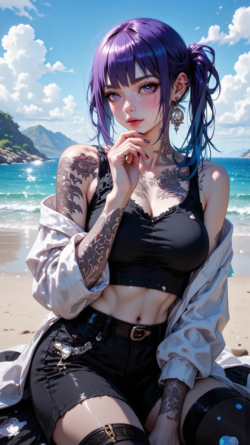 (masterpiece, high resolution, photo-realistic:1.4), (captivating sexy woman with a confident aura:1.3), (voluptuous and perfectly proportioned figure:1.3), (well-defined legs:1.2), (sparkling and bright blue eyes:1.2), ((red and blue hair flowing in the wind:1.2)), (wearing panties worn-out jeans and torn white t-shirt:1.2), (colorful tattoo on her arm:1.1), (standing gracefully and radiating allure:1.2), (capturing every exquisite detail:1.2), (celebrating the beauty of individuality:1.2), (showcasing a captivating personality:1.2), (a true masterpiece with the essence of enigma:1.1).
