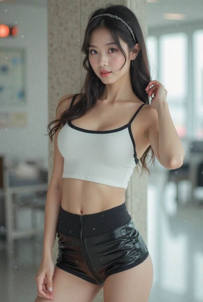 Girl wearing black and tight black clothes taking photo，Full body female love，legs are open，Paired with a short T-shirt、bra，slim，bigger bust，slim的女孩模型，24 year old female model，lying on construction site，A group of black people gathered around
