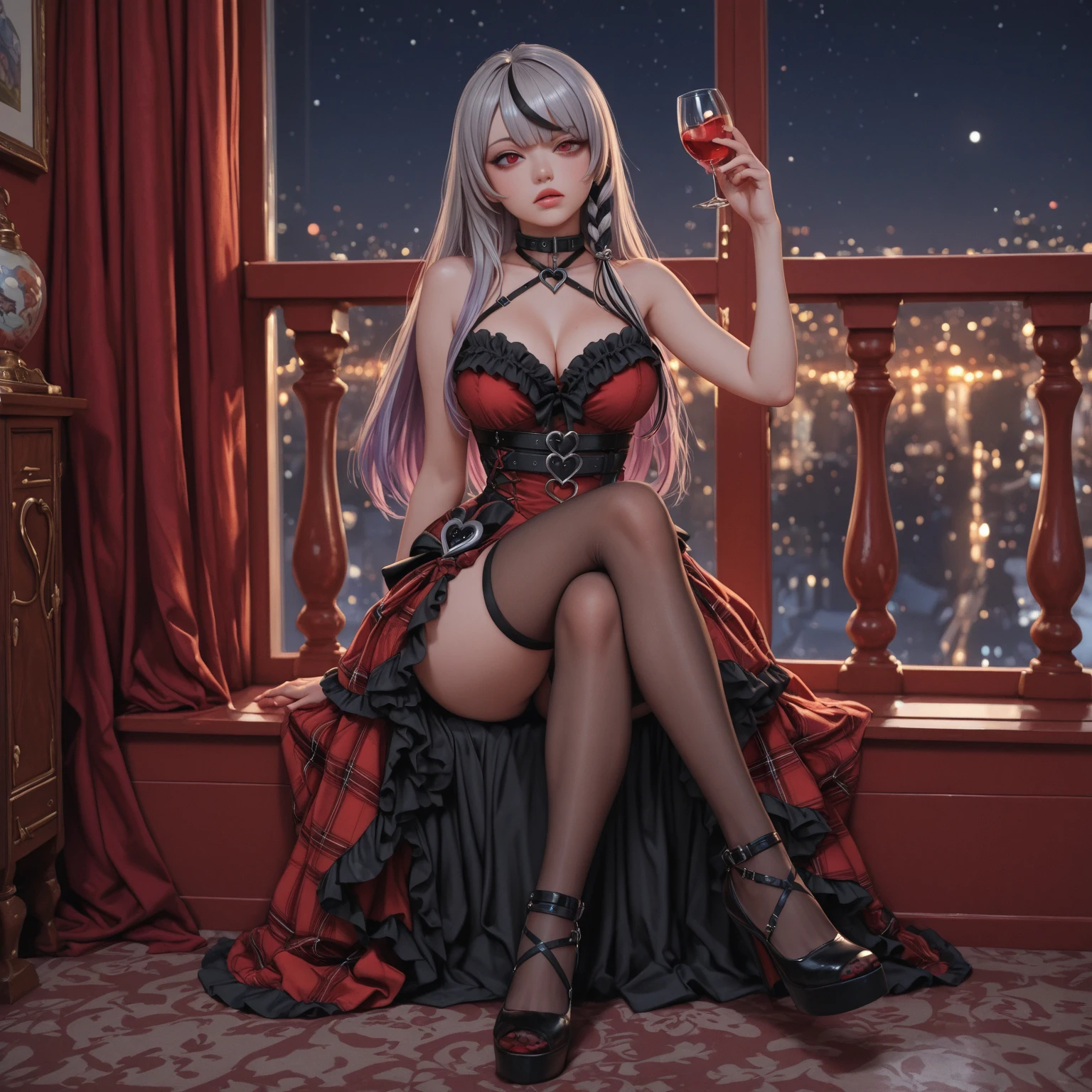 A beautiful woman in a red and black corset lying on a bed of red rose petals. She is wearing a long red skirt and black high heels. --auto --s2