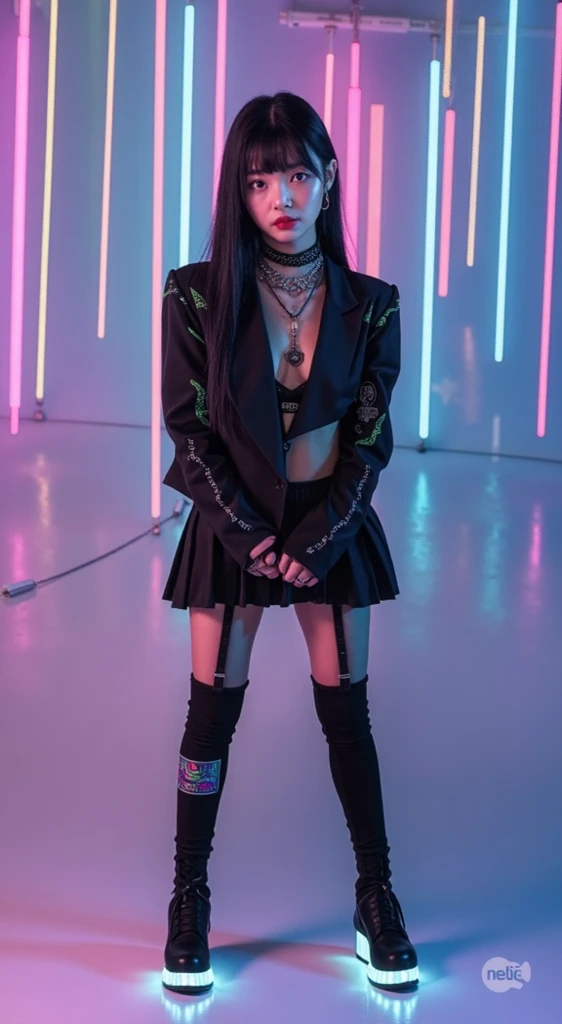 best quality,ultra-detailed,neon led lit fishnet, punk girl,punk attire,punk makeup,colorful hair,energetic dance moves,dancing in a club,fierce expressions,intense gaze,grunge background,dynamic lighting,high contrast,gritty atmosphere,vibrant colors,expressive body language,confident posture,tattoos,piercings,attitude,edgy style,street fashion,tight black outfit,studded accessories,loud music,bright neon lights,sweat dripping,energetic music, lively atmosphere,fog machine,smoke effects,crowded dance floor,electrifying energy,celebrating freedom and individuality