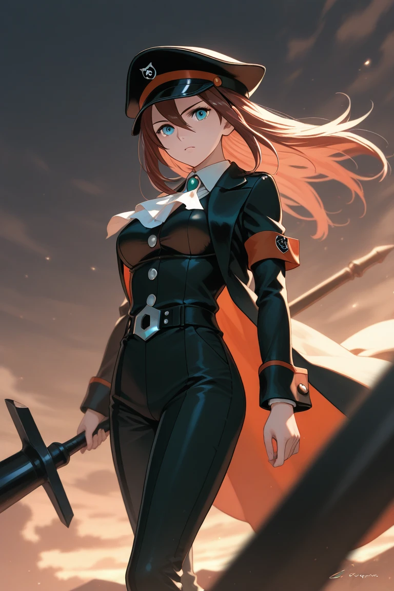 1girl, belt, black legwear, finger on trigger, gloves, gun, handgun, hat, heckler_&_koch, holding, holding gun, holding weapon, holster, m1911, open mouth, pistol, police, police uniform, policewoman, red hair, revolver, short hair, skirt, solo, thighhighs, trigger_discipline, uniform, weapon, white gloves, zettai ryouiki, brown eyes