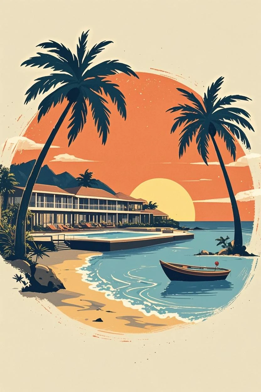 1 A glamorous woman striding gracefully in a fashionable swimsuit, In front of a luxurious white hotel, Breathtaking deep blue sea and white beaches, soft shadow behind, The beauty of a cinematic scene, The golden light of the sun shines, surrounding beauty、nature, Create a gouache illustration, Visually stunning elegance and sophistication, Stunning brush strokes and rendering, Evoking the essence of quality reality,